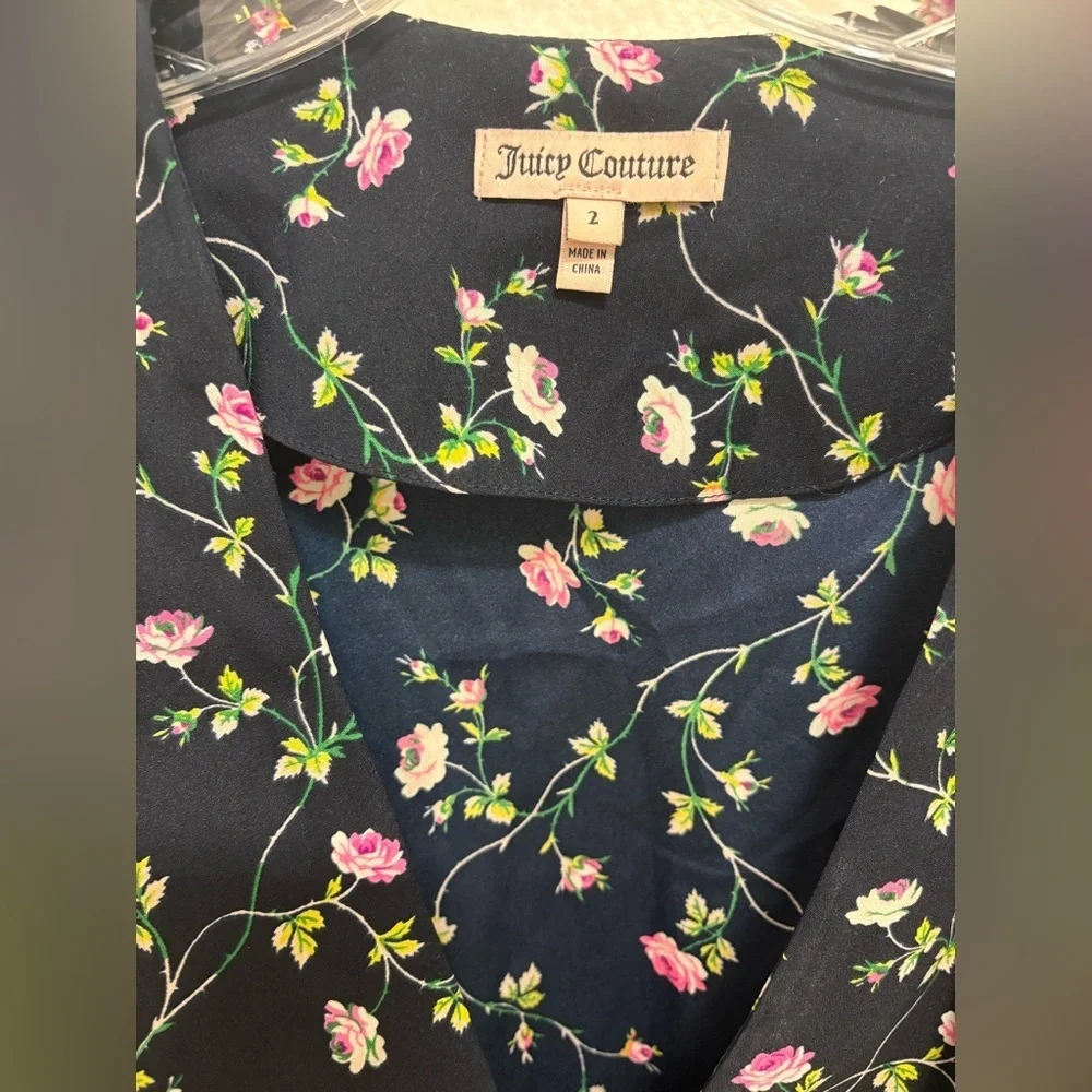 90’sJuicy Couture Women’s Blue Dress with Pink Floral Size 2 Preppy,Y2K Babydoll